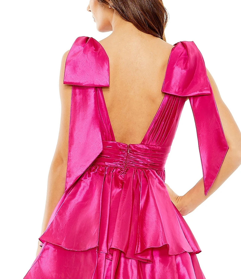 Mac Duggal Oversized Bow V-Neck Ruffled Mini Dress