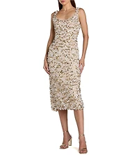 Mac Duggal Paillette Embellished Beaded Mesh Scoop Neck Sleeveless Fitted Midi Dress