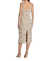 Mac Duggal Paillette Embellished Beaded Mesh Scoop Neck Sleeveless Fitted Midi Dress