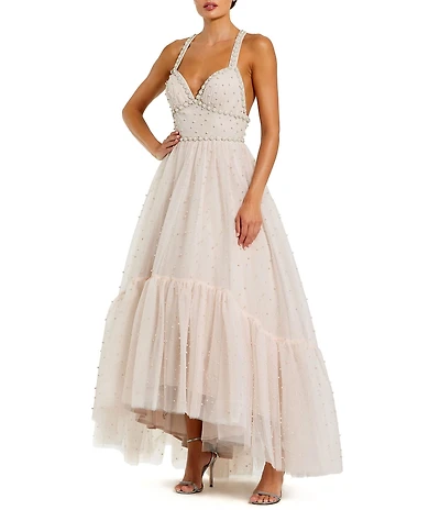 Mac Duggal Pearl Beaded High Low Ball Gown