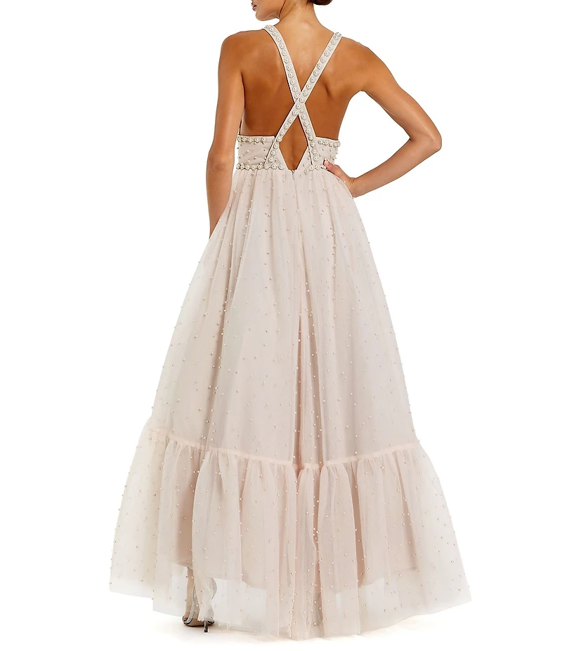 Mac Duggal Pearl Beaded High Low Ball Gown