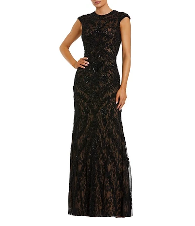 Mac Duggal Pearl Embellished Mesh Crew Neck Cap Sleeve Sheath Gown