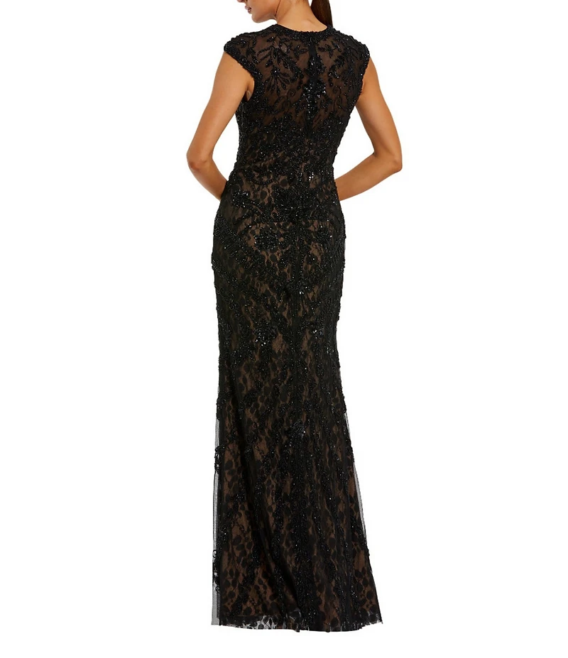 Mac Duggal Pearl Embellished Mesh Crew Neck Cap Sleeve Sheath Gown