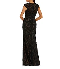 Mac Duggal Pearl Embellished Mesh Crew Neck Cap Sleeve Sheath Gown