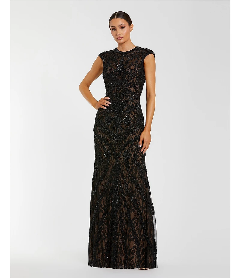 Mac Duggal Pearl Embellished Mesh Crew Neck Cap Sleeve Sheath Gown