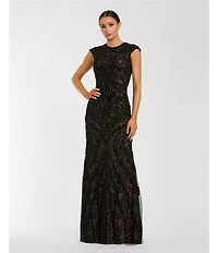 Mac Duggal Pearl Embellished Mesh Crew Neck Cap Sleeve Sheath Gown