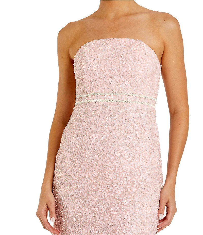 Mac Duggal Pearl Embellished Mesh Strapless Midi Dress