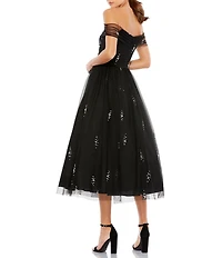 Mac Duggal Pearl Embellished Off-The-Shoulder Cap Sleeve Midi Dress