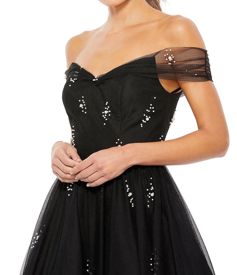 Mac Duggal Pearl Embellished Off-The-Shoulder Cap Sleeve Midi Dress