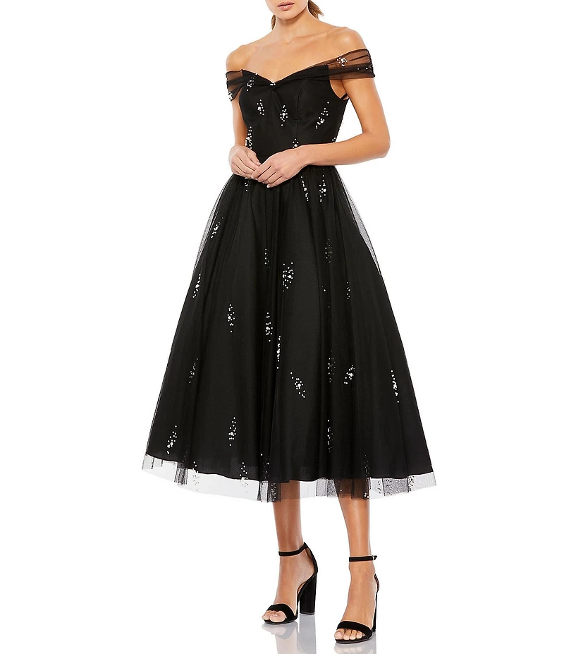 Mac Duggal Pearl Embellished Off-The-Shoulder Cap Sleeve Midi Dress