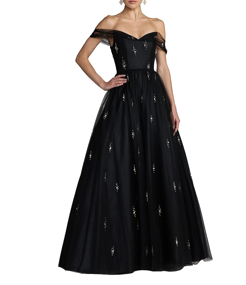 Mac Duggal Pearl Embellished Tulle Off The Shoulder Gown