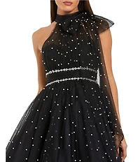 Mac Duggal Pearl Embellished Tulle Tie Neck A Line Mini Dress
