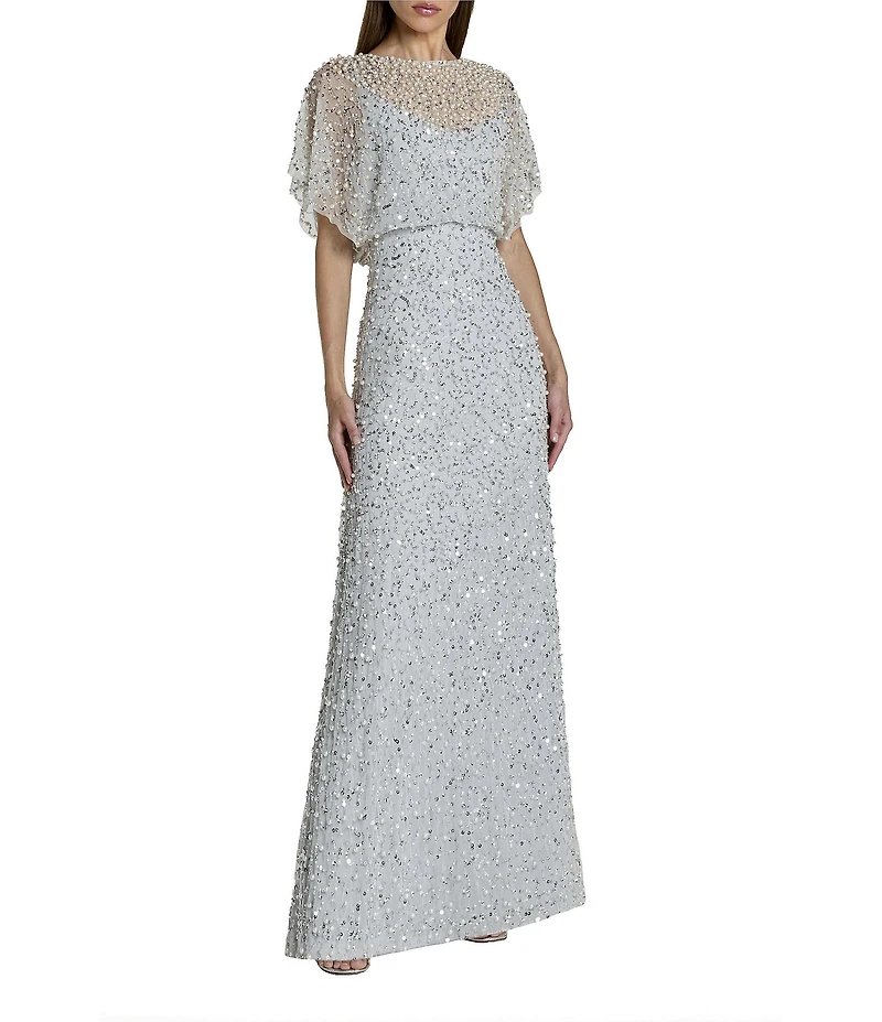 Mac Duggal Pearl Sequin Beaded Mesh Boat Neck Short Flutter Sleeve Shawl Gown