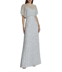 Mac Duggal Pearl Sequin Beaded Mesh Boat Neck Short Flutter Sleeve Shawl Gown