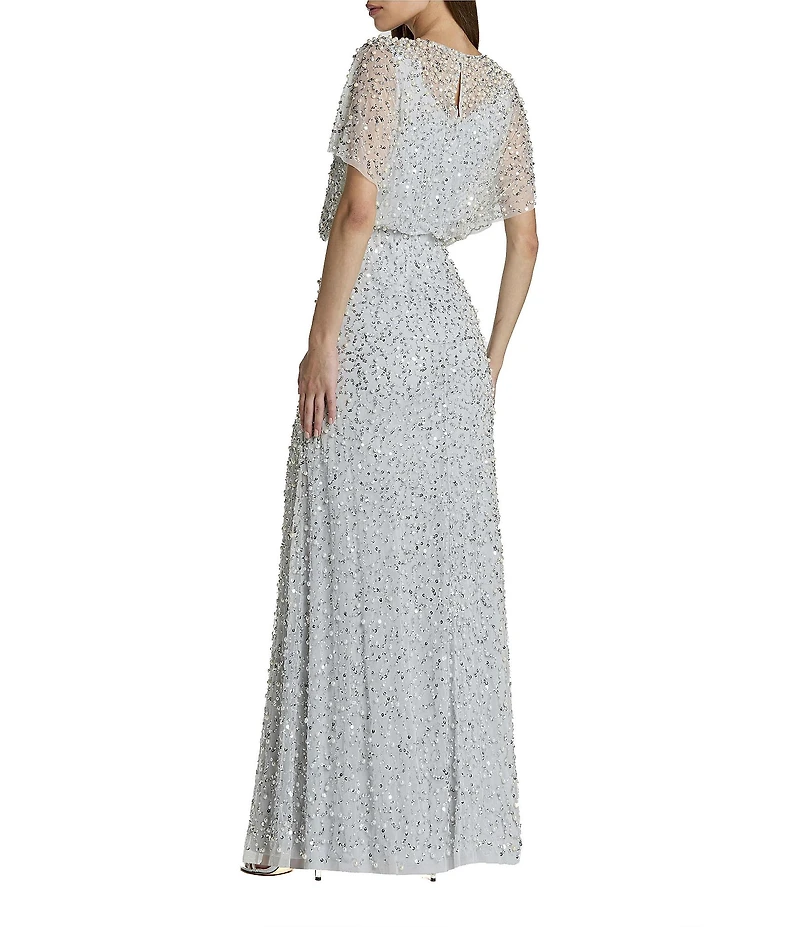 Mac Duggal Pearl Sequin Beaded Mesh Boat Neck Short Flutter Sleeve Shawl Gown