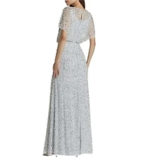 Mac Duggal Pearl Sequin Beaded Mesh Boat Neck Short Flutter Sleeve Shawl Gown