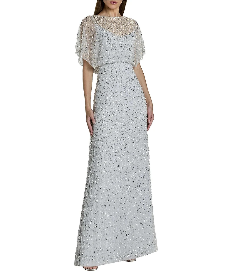 Mac Duggal Pearl Sequin Beaded Mesh Boat Neck Short Flutter Sleeve Shawl Gown