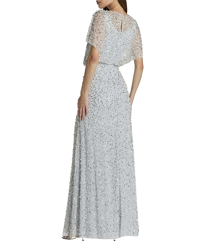 Mac Duggal Pearl Sequin Beaded Mesh Boat Neck Short Flutter Sleeve Shawl Gown
