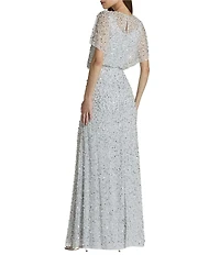 Mac Duggal Pearl Sequin Beaded Mesh Boat Neck Short Flutter Sleeve Shawl Gown