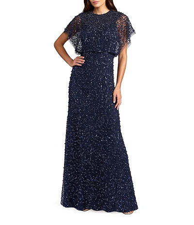 Mac Duggal Pearl Sequin Beaded Mesh Boat Neck Short Flutter Sleeve Shawl Gown