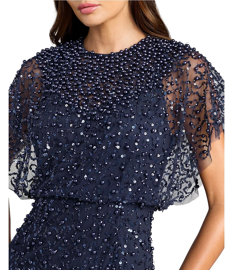 Mac Duggal Pearl Sequin Beaded Mesh Boat Neck Short Flutter Sleeve Shawl Gown