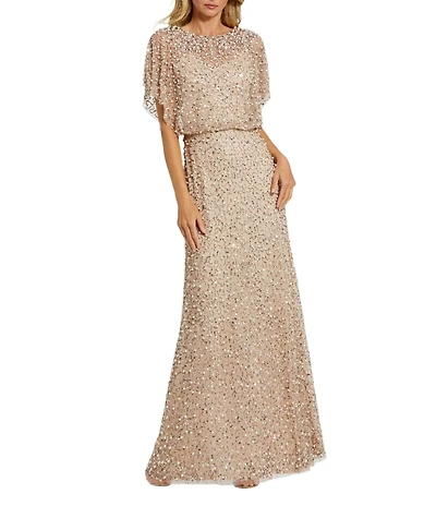 Mac Duggal Pearl Sequin Beaded Mesh Boat Neck Short Flutter Sleeve Shawl Gown