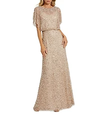 Mac Duggal Pearl Sequin Beaded Mesh Boat Neck Short Flutter Sleeve Shawl Gown