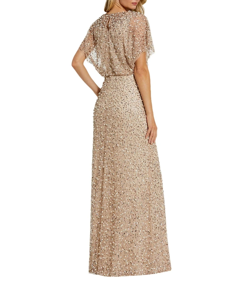 Mac Duggal Pearl Sequin Beaded Mesh Boat Neck Short Flutter Sleeve Shawl Gown