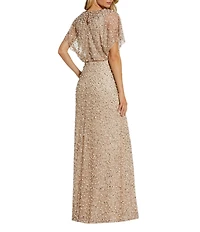 Mac Duggal Pearl Sequin Beaded Mesh Boat Neck Short Flutter Sleeve Shawl Gown
