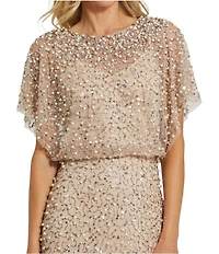 Mac Duggal Pearl Sequin Beaded Mesh Boat Neck Short Flutter Sleeve Shawl Gown