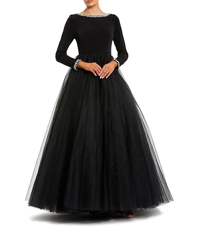 Mac Duggal Pearl Trim Jersey Boat Neck Long Sleeve Tulle Skirt Ballgown