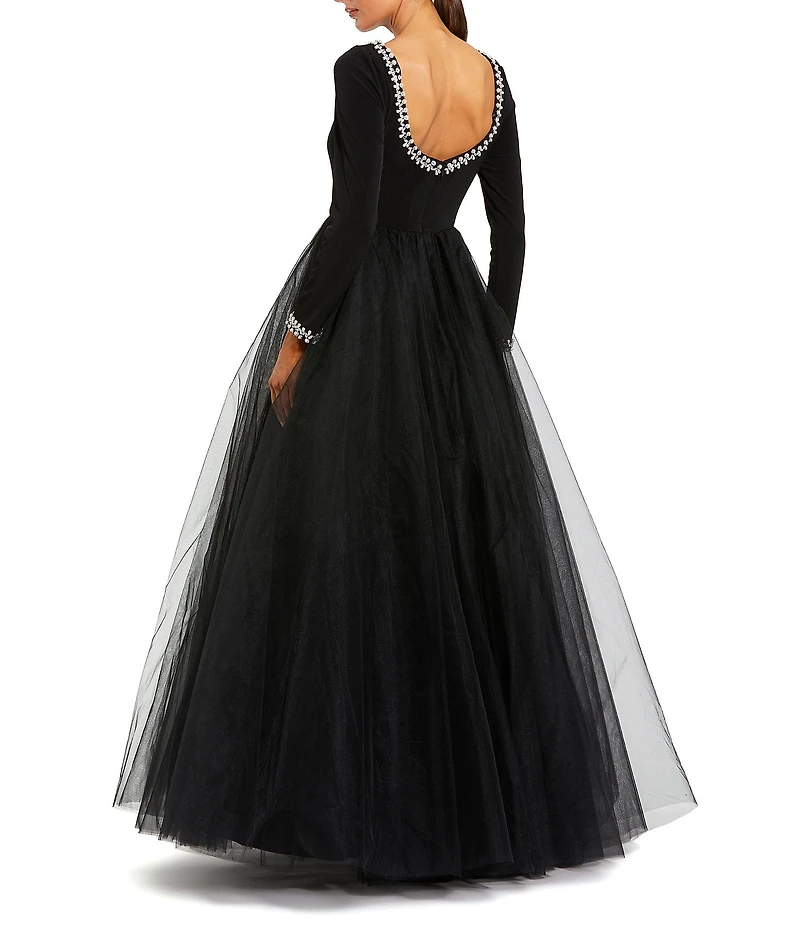 Mac Duggal Pearl Trim Jersey Boat Neck Long Sleeve Tulle Skirt Ballgown