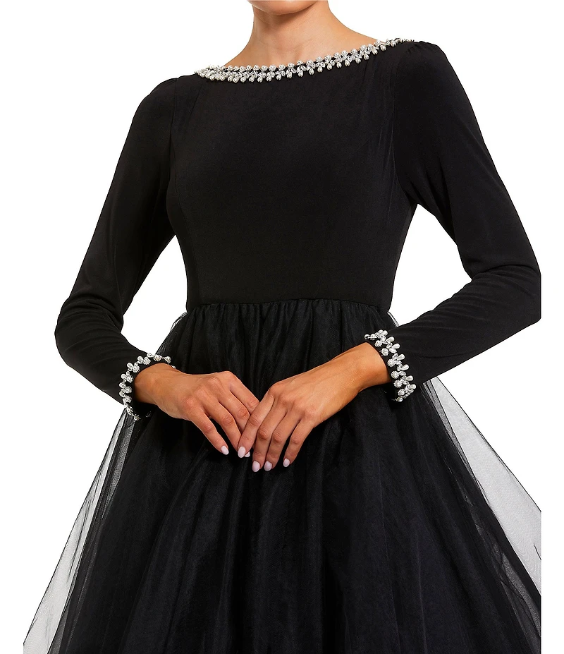 Mac Duggal Pearl Trim Jersey Boat Neck Long Sleeve Tulle Skirt Ballgown