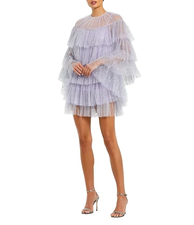 Mac Duggal Pearl Trim Tier Ruffles Mini Cape Dress