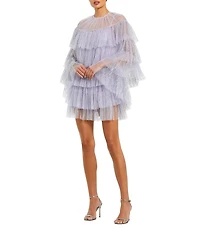 Mac Duggal Pearl Trim Tier Ruffles Mini Cape Dress
