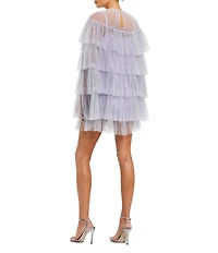 Mac Duggal Pearl Trim Tier Ruffles Mini Cape Dress