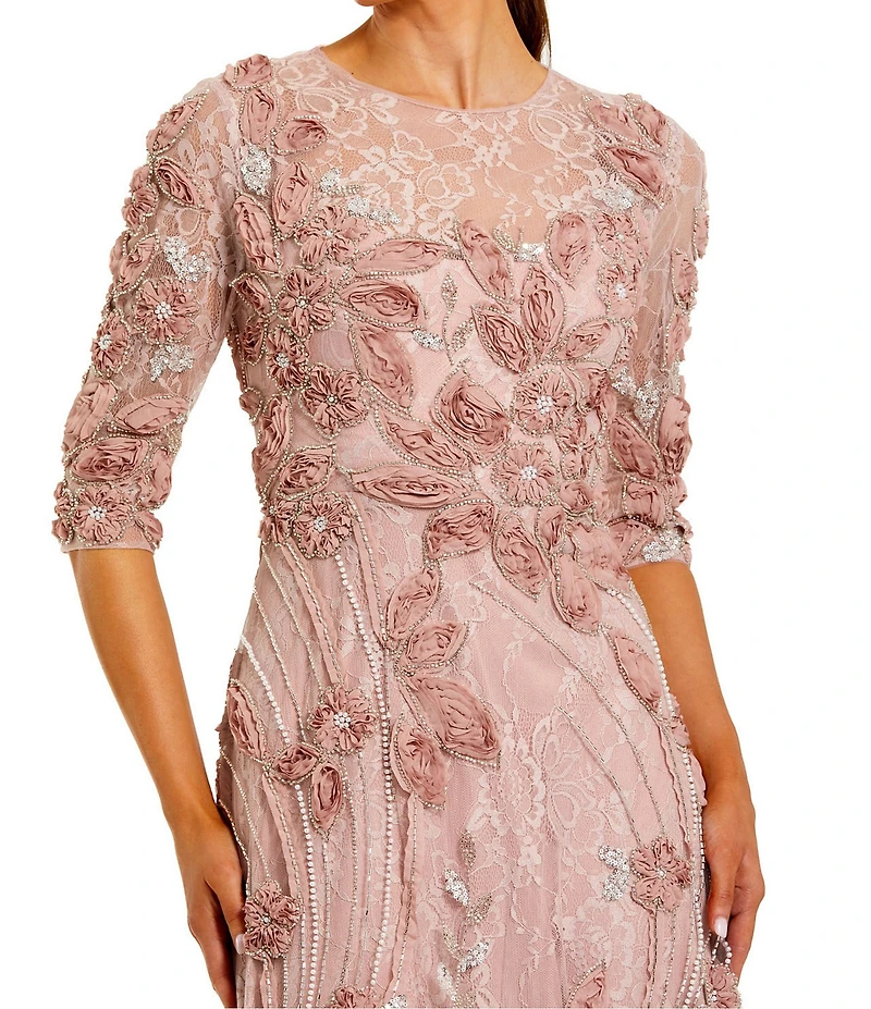 Mac Duggal Petite 3/4 Sleeve Illusion Neck Floral Ribbon Embroidered Lace A-Line Gown