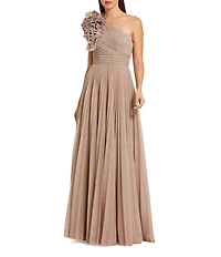 Mac Duggal Petite 3D Applique One Shoulder Pleated Metallic Mesh A-Line Gown