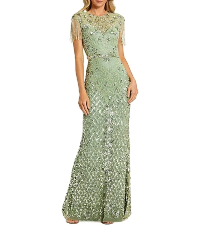 Mac Duggal Petite Beaded Fringe Fitted Gown