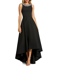 Mac Duggal Petite Crepe Embellished Neck Sleeveless High Low Gown