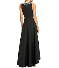 Mac Duggal Petite Crepe Embellished Neck Sleeveless High Low Gown