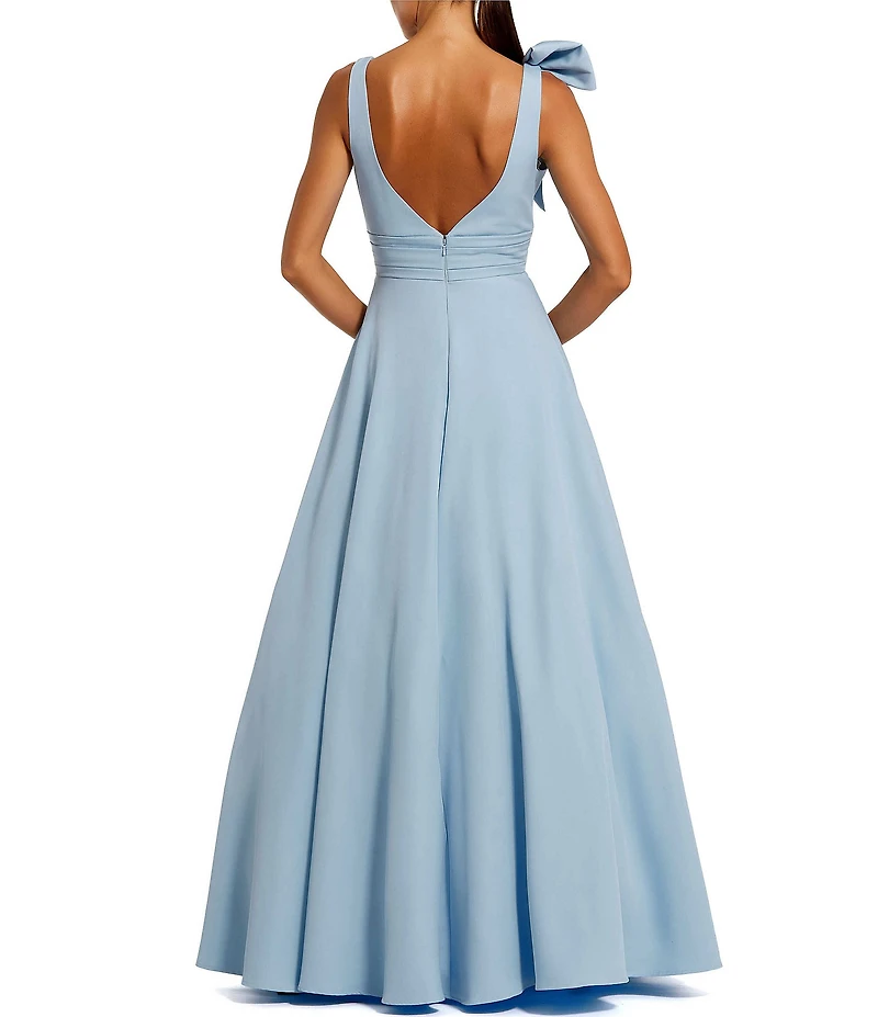 Mac Duggal Petite Crepe Sleeveless Plunge Neck Long Ballgown With Bow