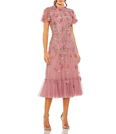 Mac Duggal Petite Embellished Crew Neck Short Sleeve A Line Dress