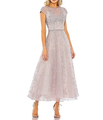 Mac Duggal Petite Embellished Crew Neck Short Sleeve Long Gown
