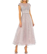 Mac Duggal Petite Embellished Crew Neck Short Sleeve Long Gown