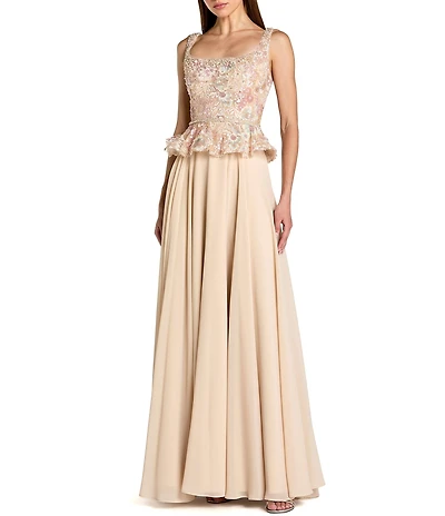 Mac Duggal Petite Embroidered Peplum Top With Chiffon Skirt Long Gown