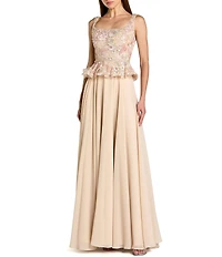 Mac Duggal Petite Embroidered Peplum Top With Chiffon Skirt Long Gown