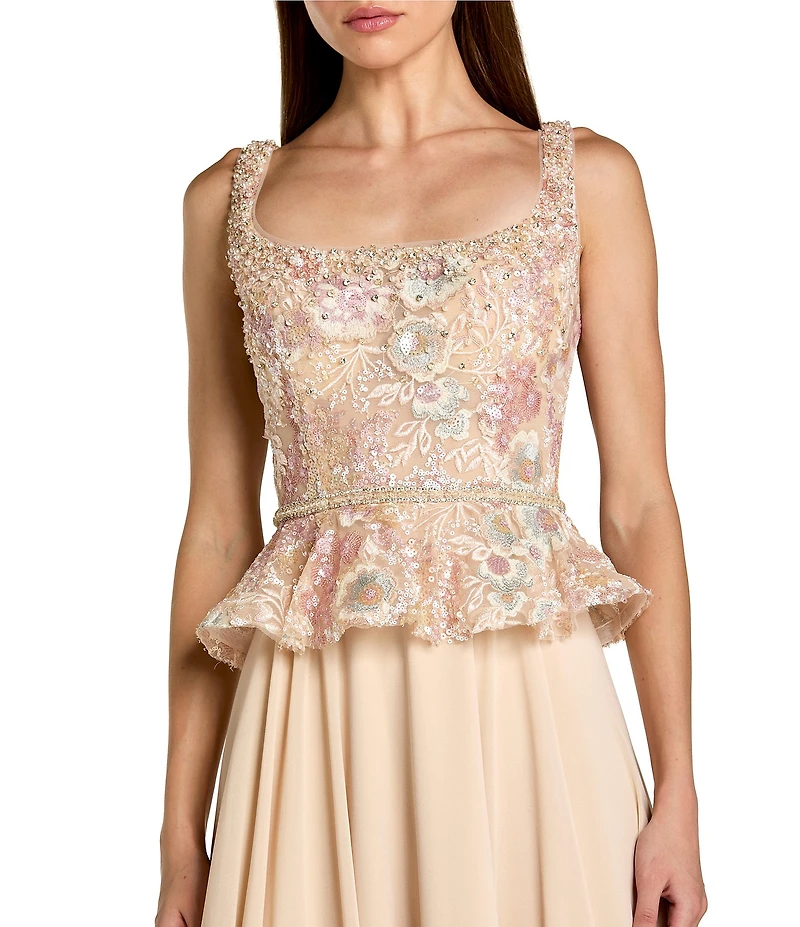 Mac Duggal Petite Embroidered Peplum Top With Chiffon Skirt Long Gown