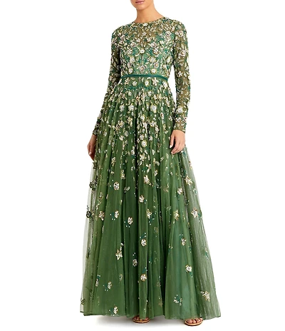 Mac Duggal Petite Floral Beaded Crew Neck Long Sleeve Pleated Chiffon Gown