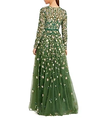 Mac Duggal Petite Floral Beaded Crew Neck Long Sleeve Pleated Chiffon Gown
